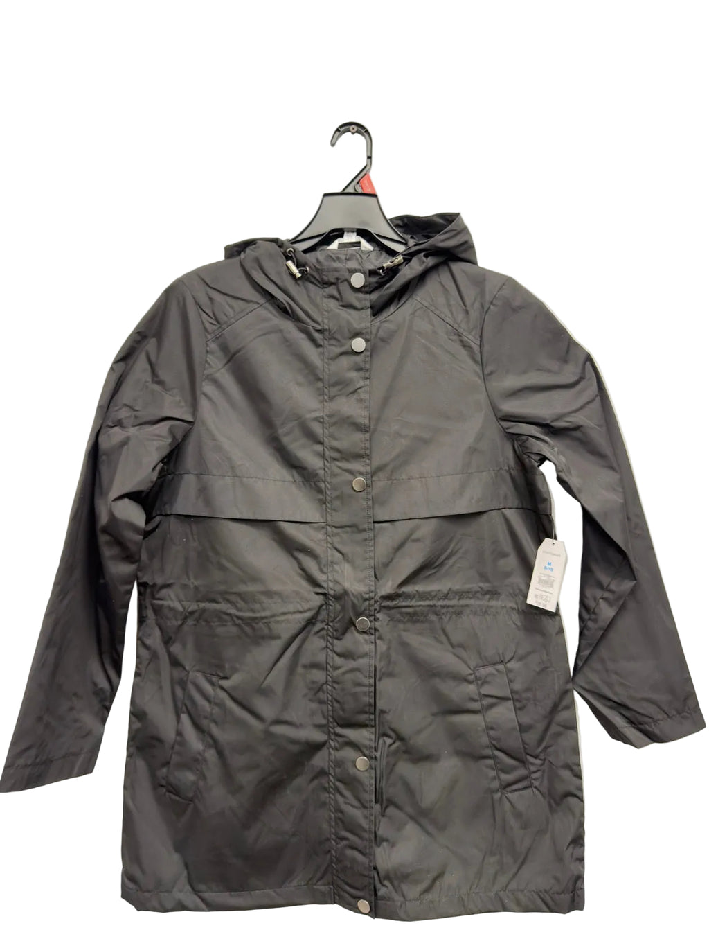 Time and Tru women's black rain jacket with snap front and flap pockets