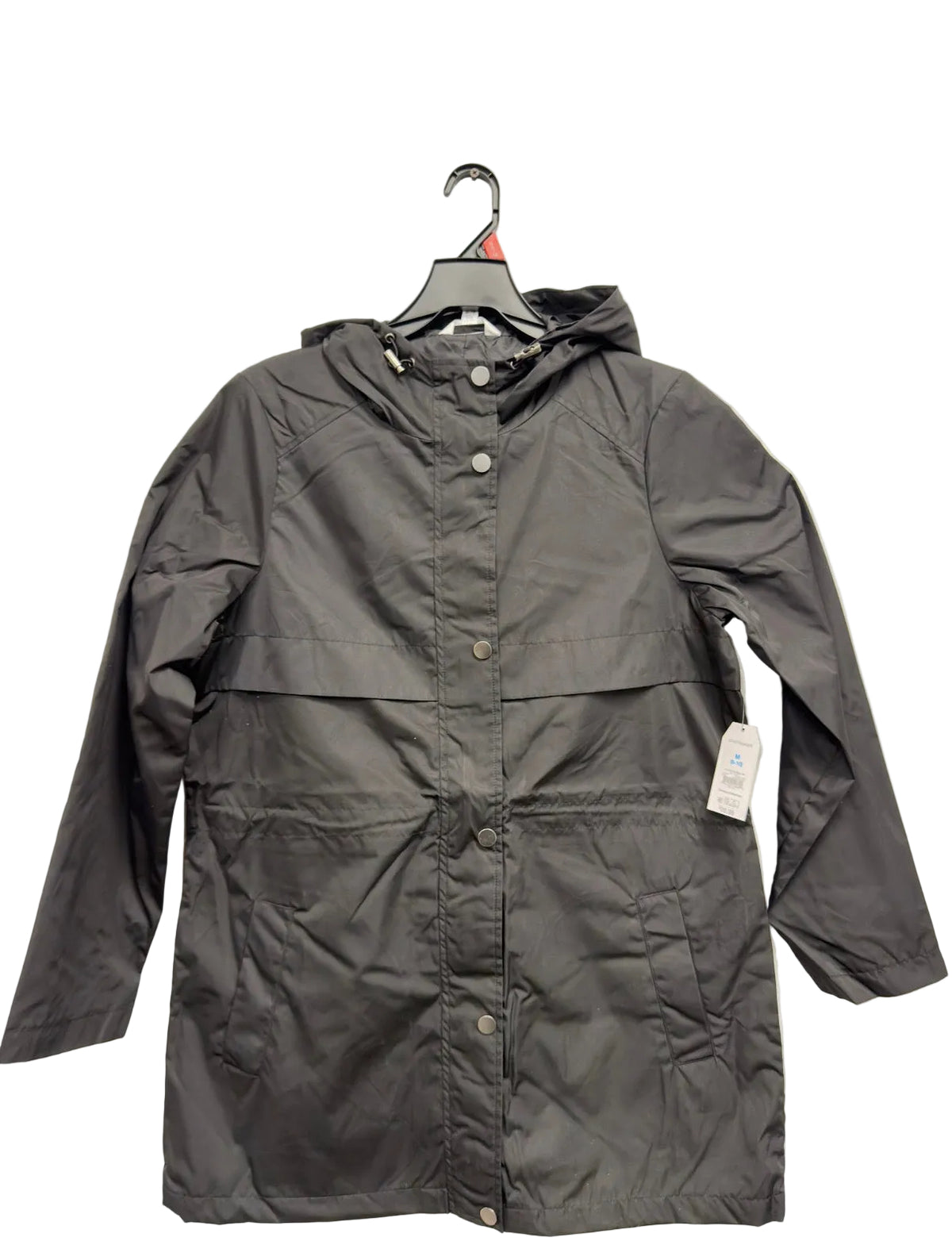 Time and Tru women's black rain jacket with snap front and flap pockets