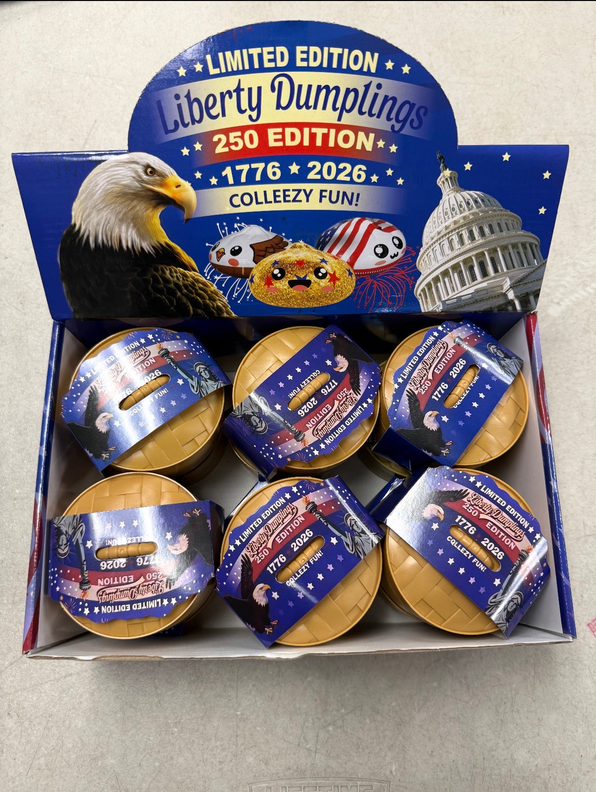 Liberty Dumplings 250 Edition squishy toys, 12-piece display case with eagle and Capitol artwork