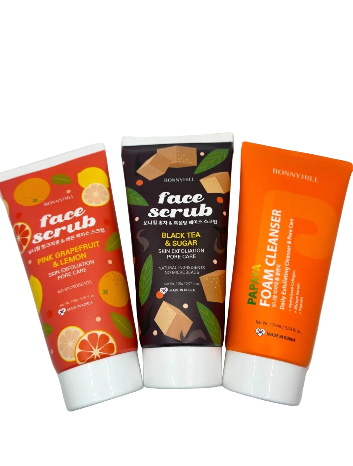 BONNYHILL 3-pack: Pink Grapefruit & Lemon Face Scrub 150 g, Black Tea & Sugar Face Scrub 150 g, and Papaya Foam Cleanser 170 mL, front labels