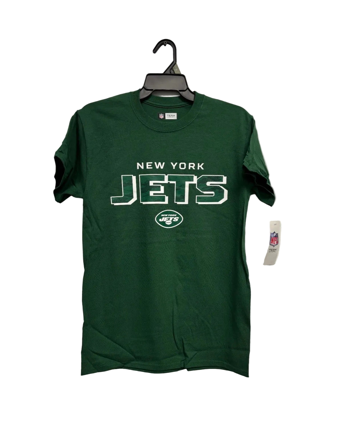 New York Jets green short-sleeve T-shirt with New York Jets block-letter graphic with the Jets logo, NFL Team Apparel tag