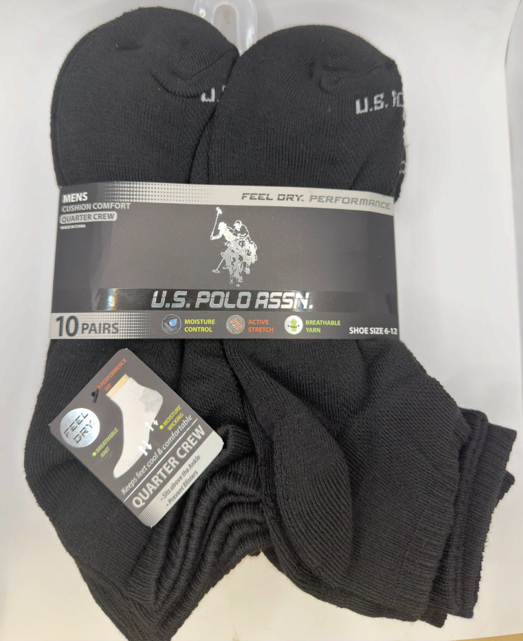 U.S. Polo Assn. Men's High Quarter Socks, 6-Pair, Black, Size 6–12