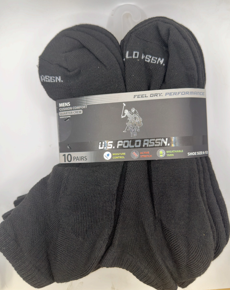 U.S. Polo Assn. Men's High Quarter Socks, 6-Pair, Black, Size 6–12