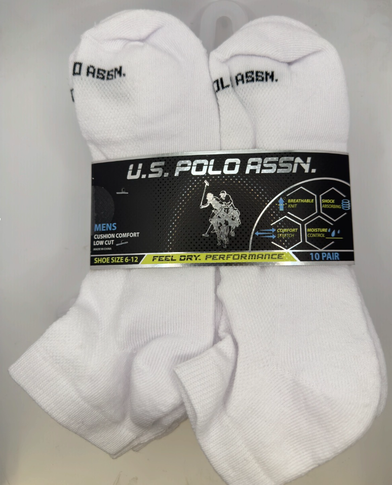 U.S. Polo Assn. Men's High Quarter Socks, 6-Pair, White, Size 6–12
