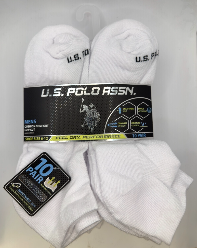 U.S. Polo Assn. Men's High Quarter Socks, 6-Pair, White, Size 6–12